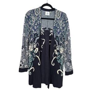 Anthropologie Cardigan Womens M Navy Blue Grey Floral Jacquard Open Monogram